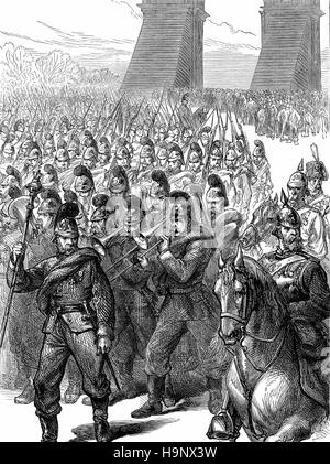 Truppe tedesche in marcia a Parigi durante la guerra franco-prussiana 1870-1871 Foto Stock