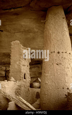 Gommo, Mali, Africa - Gennaio 26, 1992: villaggio Dogon, tipico degli edifici di fango con tempio animisti e le stalle per i cereali Foto Stock