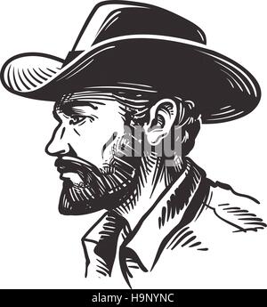 Ritratto uomo in cappello da cowboy. Schizzo illustrazione vettoriale Illustrazione Vettoriale