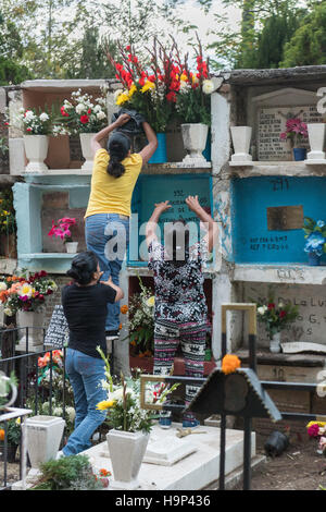 Una famiglia messicana organizza fiori sulla tomba di un relativo nella Nuestra Se-ora de Guadalupe cimitero durante il giorno dei morti festival il 1 novembre 2016 in San Miguel De Allende, Guanajuato, Messico. La settimana di festa è un momento in cui i messicani benvenuti i morti alla messa a terra per una visita e celebrare la vita. Foto Stock