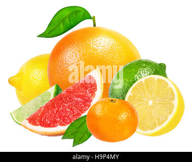 Agrumi Set (mandarino e pompelmo, calce, limone) isolato su sfondo bianco. Foto Stock