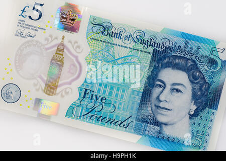 2016 Nuovo British cinque pound nota realizzata in polimero plastico Foto Stock