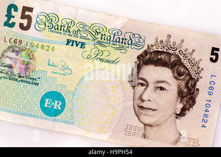British cinque pound nota, vecchia versione della carta in circolazione fino al 2016 Foto Stock