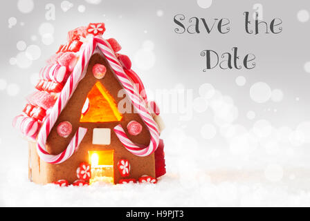 Gingerbread House, argento sfondo, testo Inglese salva la data Foto Stock