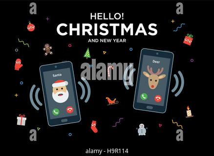 Natale biglietto di auguri con la telefonata da Santa e renne Illustrazione Vettoriale