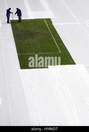 Dpatopbilder - Zwei Green-Keeper pflegen am 26.11.2016 in Kasan, Russland, ein Rasenstück im Kazan Arena Stadion. Das restliche Spielfeld im Stadion ist zum Schutz gegen Schnee und Frost mit einer piano abgedeckt. Am Abend findet in der Tennisakademie von Kasan die Auslosung der Gruppen für den Confederations Cup 2017 statt. Das Acht-Nationen-Turnier findet vom 17. Juni bis 2. Juli 2017 in Russland statt. Foto: Christian Charisius/dpa (c) dpa - Bildfunk Foto Stock
