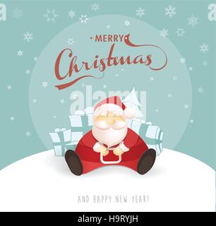Buon Natale e Felice Anno Nuovo biglietto di auguri con Santa seduto su una collina. Illustrazione Vettoriale. Illustrazione Vettoriale