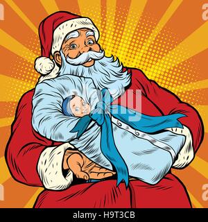 Babbo Natale con un bambino di neonato, arte pop retrò illustrazione vettoriale Illustrazione Vettoriale