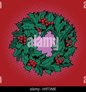 Ghirlanda di Natale di agrifoglio con bacche rosse, arte pop retrò illustrazione vettoriale. Decorazione verde. Sfondo rosso Illustrazione Vettoriale