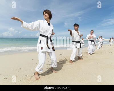 Esecuzione di kata di karate di Okinawa il luogo di nascita di karate come parte di 100 Kata per il Karate giorno evento 2016. Foto Stock