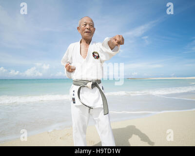 Anziani la cintura nera karate master formazione sulla spiaggia in Okinawa. Okinawa è uno dei la più lunga aspettativa di vita nel mondo Foto Stock