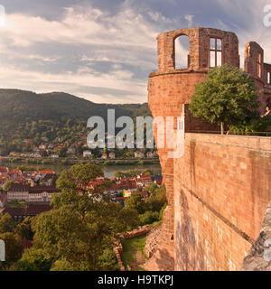 Vista dal castello oltre il fiume Neckar a Heidelberg, Baden-Württemberg, Germania Foto Stock