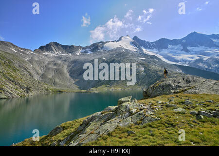 Scalatore sulla parte inferiore Wildgerlossee, dietro il gruppo Reichenspitz, Wildgerlostal, Alti Tauri Parco Nazionale, Salisburgo, Austria Foto Stock