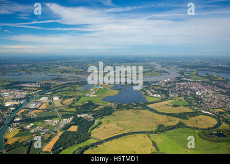 Vista aerea, inondazioni del Reno presso il Lippe estuario, Niederrhein, Nord Reno-Westfalia, Germania Foto Stock