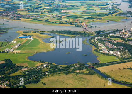 Vista aerea, inondazioni del Reno presso il Lippe estuario, Niederrhein, Nord Reno-Westfalia, Germania Foto Stock