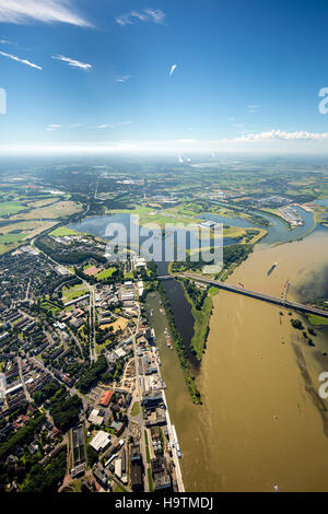 Vista aerea, del diluvio Reno al Lippe estuario, ponte sul Reno, ricostruzione di Lippe Wesel, Niederrhein Foto Stock