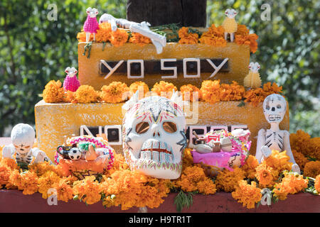 Un altare noto come un ofrenda decorato per il Giorno dei Morti festival di San Miguel De Allende, Guanajuato, Messico. La settimana di festa è un momento in cui i messicani benvenuti i morti alla messa a terra per una visita e celebrare la vita. Foto Stock