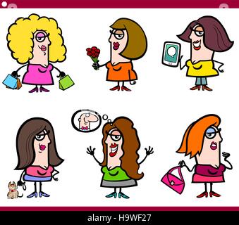 Cartoon illustrazione della donna divertente il set di caratteri Illustrazione Vettoriale