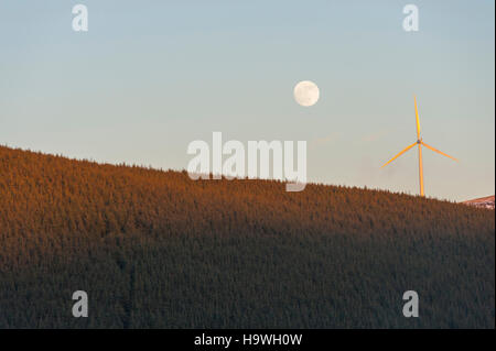 Turbine di Clyde wind farm in Lanarkshire in Scozia con la luna piena sorge dietro Foto Stock