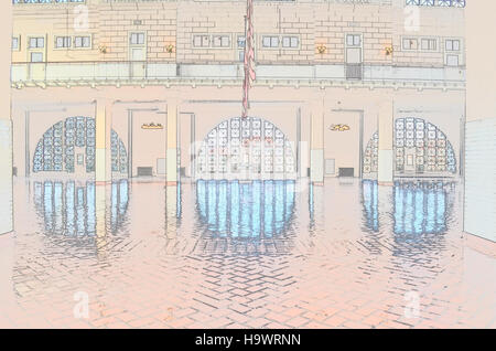 L'Ellis Island National Park mostra la storia dell'immigrazione negli Stati Uniti. Una mostra, "A Drawing of Windows (Part II)", mette in evidenza le rappresentazioni artistiche legate all'esperienza degli immigrati e ai contributi che gli immigrati hanno dato alla società americana. Foto Stock