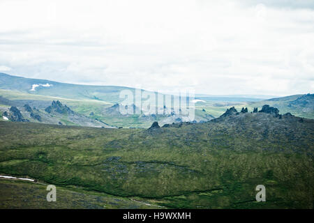 Il Bering Land Bridge, una storica massa terrestre che collega l'Asia e il Nord America, è raffigurato qui in un paesaggio serpentino. Il dipinto cattura le drammatiche caratteristiche naturali del ponte di terra, offrendo uno sguardo sull'antica geografia che ha giocato un ruolo cruciale nella migrazione umana attraverso i continenti. Foto Stock