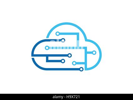 La tecnologia di cloud computing logo, blue cloud modello di segno, Connessione Internet icona a forma di nuvola design vettoriali Illustrazione Vettoriale
