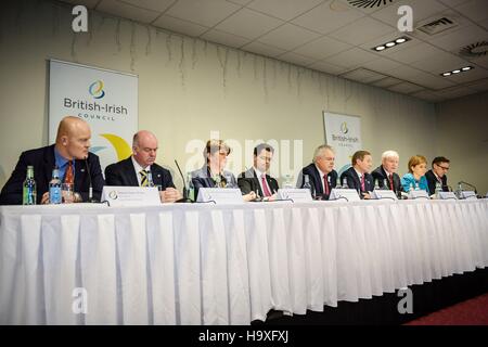 (Da sinistra a destra) Chief Minister di Guernsey Gavin St Pier, Chief Minister dell isola di Man Howard Quayle, Primo Ministro dell'Irlanda del Nord Arlene Foster, Segretario di Stato per l'Irlanda del Nord James Brokenshire, Primo Ministro del Galles Carwyn Jones AM, Taoiseach Enda Kenny TD, il Vice Primo Ministro dell'Irlanda del Nord Martin McGuinness, Primo ministro di Scozia Nicola Storione MSP e Chief Minister di Jersey Senatore Ian Gorst, frequentare il British Consiglio irlandese il vertice del Vale Resort vicino a Cardiff. Foto Stock