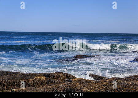 Onde che si infrangono sulla riva, dimostrando processi costieri naturali. L'immagine evidenzia la relazione dinamica tra il movimento idrico e gli ecosistemi costieri, un aspetto importante degli studi costieri e delle scienze ambientali. Foto Stock