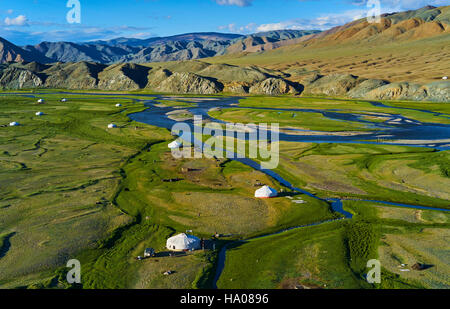 Mongolia, Bayan-Ulgii provincia, Mongolia occidentale, il delta del fiume Sagsay nei monti Altaj Foto Stock