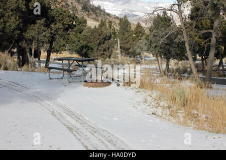 Il Mammoth Hot Springs Campground nel parco nazionale di Yellowstone offre viste panoramiche e facile accesso alle strutture geotermiche. I visitatori possono accamparsi in questa zona storica, circondata da sorgenti termali e fauna selvatica, ed esplorare la bellezza naturale del parco. Foto Stock