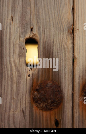 Foro di una porta di legno a guardare Foto Stock