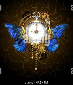 Round l'orologio in stile steampunk blu con le ali delle farfalle morpho, con quadrante oro con numeri romani, decorati con oro, argento e bronzo Illustrazione Vettoriale