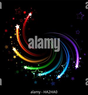 Scintille incandescenti di tutti i colori dell'arcobaleno twist su uno sfondo nero. Illustrazione Vettoriale