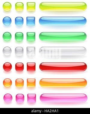 Icone del computer dal colore brillante, trasparente vetro su uno sfondo bianco. Illustrazione Vettoriale