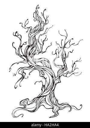 Artisticamente disegnato vecchio albero delineano su uno sfondo bianco. Lo stile di tatuaggio. Disegnato a mano. Disegno. Illustrazione Vettoriale
