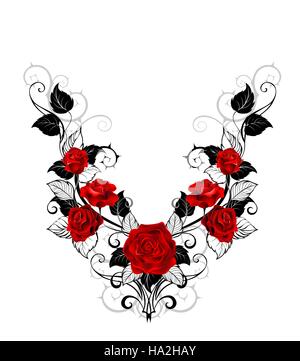 Schema simmetrico di rose rosse e nere di foglie e di steli su uno sfondo bianco. Progettazione di rose. tattoo stile. Illustrazione Vettoriale