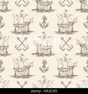 Seamless pattern nautico con navi a vela e ancore. Sfondo vettoriale in stile di incisione. Illustrazione Vettoriale