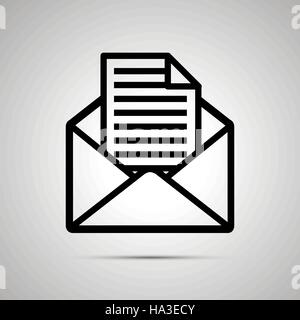 Semplice icona nera della busta aperta con documento interno su sfondo chiaro Illustrazione Vettoriale