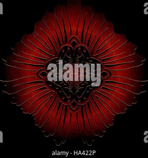 Mandala. Rotondo rosso modello ornamento su sfondo nero etnici ornamento elemento simmetrico. motivo goffrato in mogano con intarsio Foto Stock