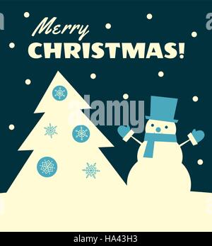 Illustrazione Vettoriale. In stile retrò biglietto di auguri con un pupazzo di neve in un top hat stare vicino a un albero di Natale. Sfondo scuro. Illustrazione Vettoriale