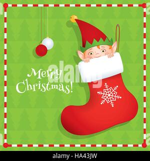 Vector cartoon illustrazione di un simpatico elf nascosto in un rosso calza di Natale. Messaggio di saluto festivo card con il testo 'Buon Natale". Sfondo verde, squ Illustrazione Vettoriale