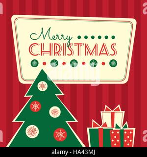 Illustrazione Vettoriale. In stile retrò biglietto di auguri con alberi di Natale e regali. Crema, i colori verde e rosso, formato quadrato. Illustrazione Vettoriale