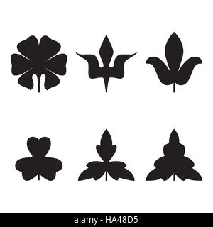 Decorativo foglie nero pattern impostato isolato sul vettore di bianco. Varie forme di foglie di nero. Elementi di eco e bio logos Illustrazione Vettoriale