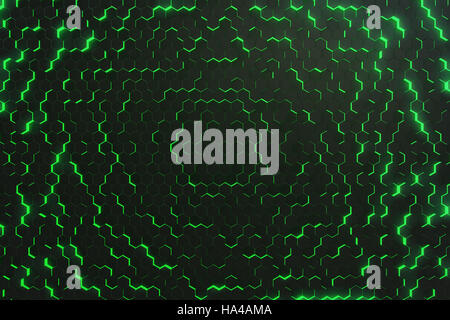 Abstract incandescente verde pattern, colorato di superficie futuristico con esagoni. Il rendering 3D Foto Stock