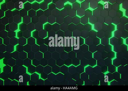 Abstract incandescente verde pattern, colorato di superficie futuristico con esagoni. Il rendering 3D Foto Stock