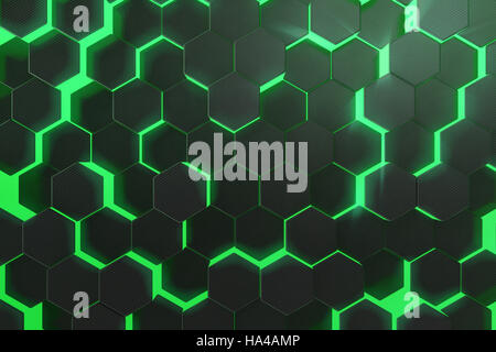 Abstract incandescente verde pattern, colorato di superficie futuristico con esagoni. Il rendering 3D Foto Stock