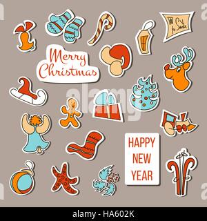 Carino il Natale stickers set. Poster di Natale o decorazione. Xmas le icone con il dono, muffole, cervi, bell, giocattolo, panpepato, candy cane, snowman, snowfla Illustrazione Vettoriale