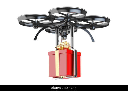 Consegna moderno drone con una confezione regalo, rendering 3D isolati su sfondo bianco Foto Stock