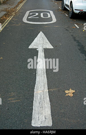 Freccia che indica la direzione del traffico su una strada a senso unico e a 20km/h il limite massimo di velocità di marcatura, Hampstead, Londra, Inghilterra Foto Stock
