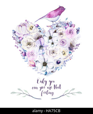 Acquerello vintage rose piony floreali bouquet di cuore. Molla Boho Foto Stock